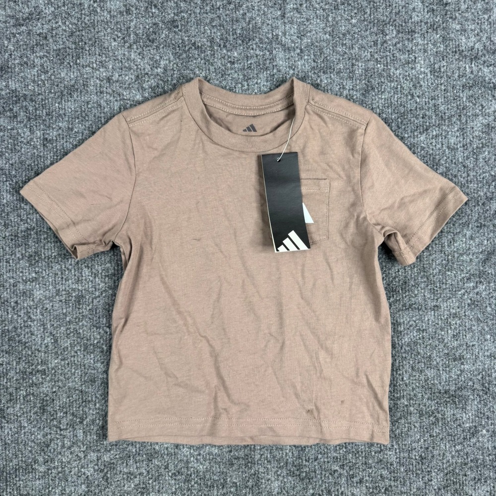 Adidas T-Shirt Boys Size 2T Brown Pocket Short Sleeve Logo Casual NWT Stain